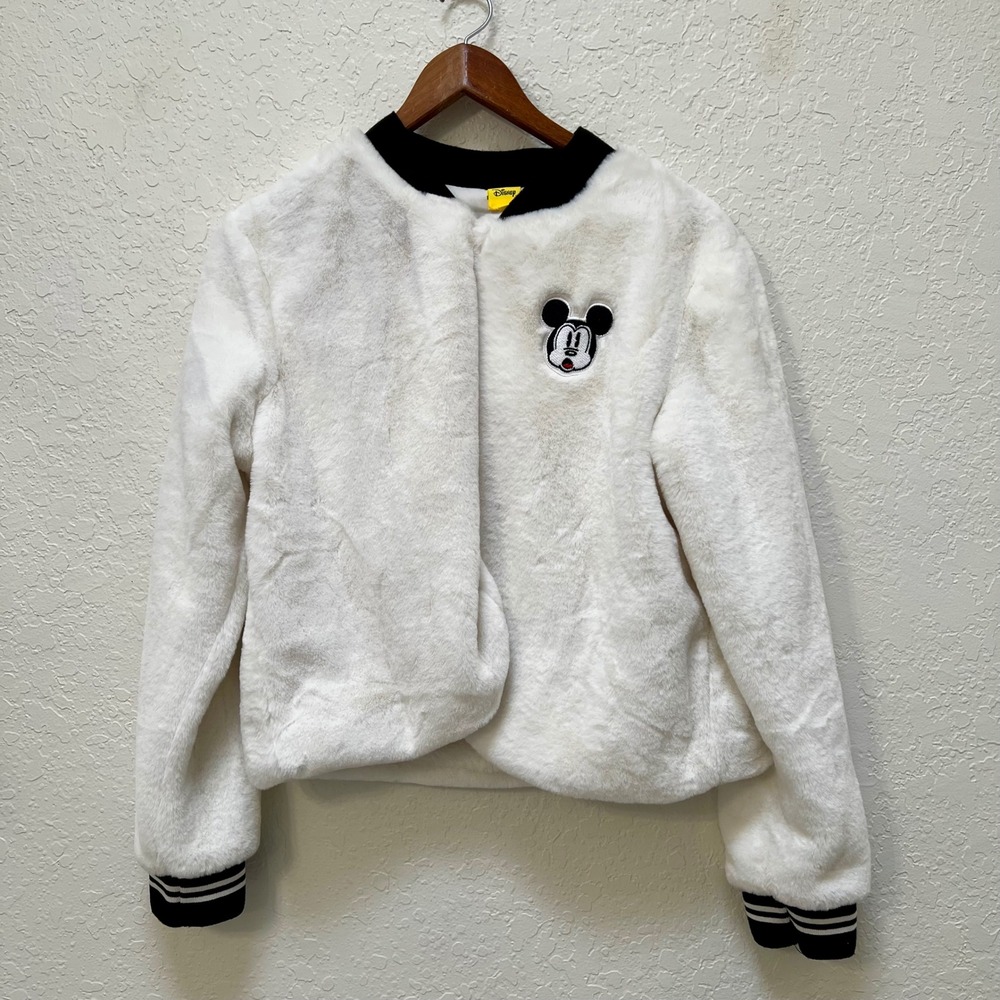 Disney Mickey Mouse Faux Fur Bomber Jacket White Black Varsity Plush Large